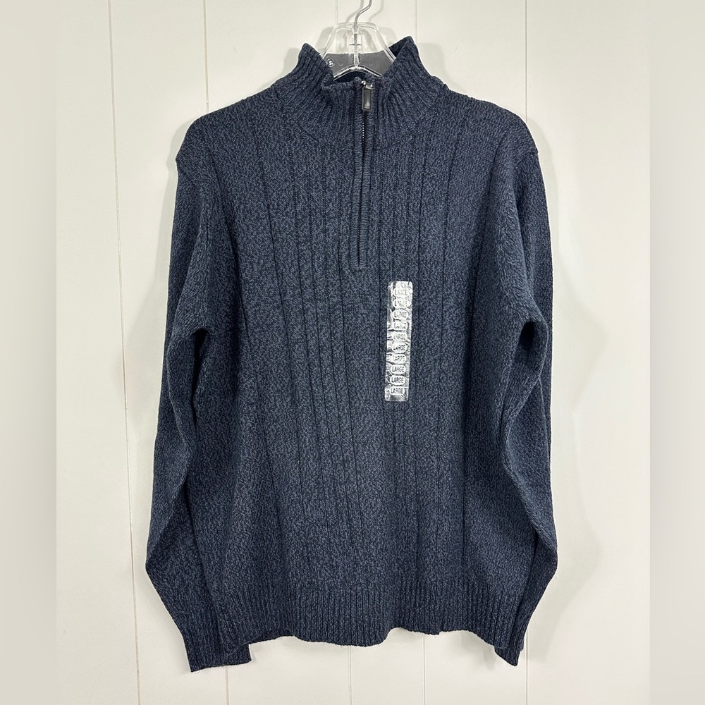 NWT Oscar De La Renta Mens Sz L Blue Preppy Academia 1/4 Zip Ribbed Knit Sweater - Picture 2 of 9